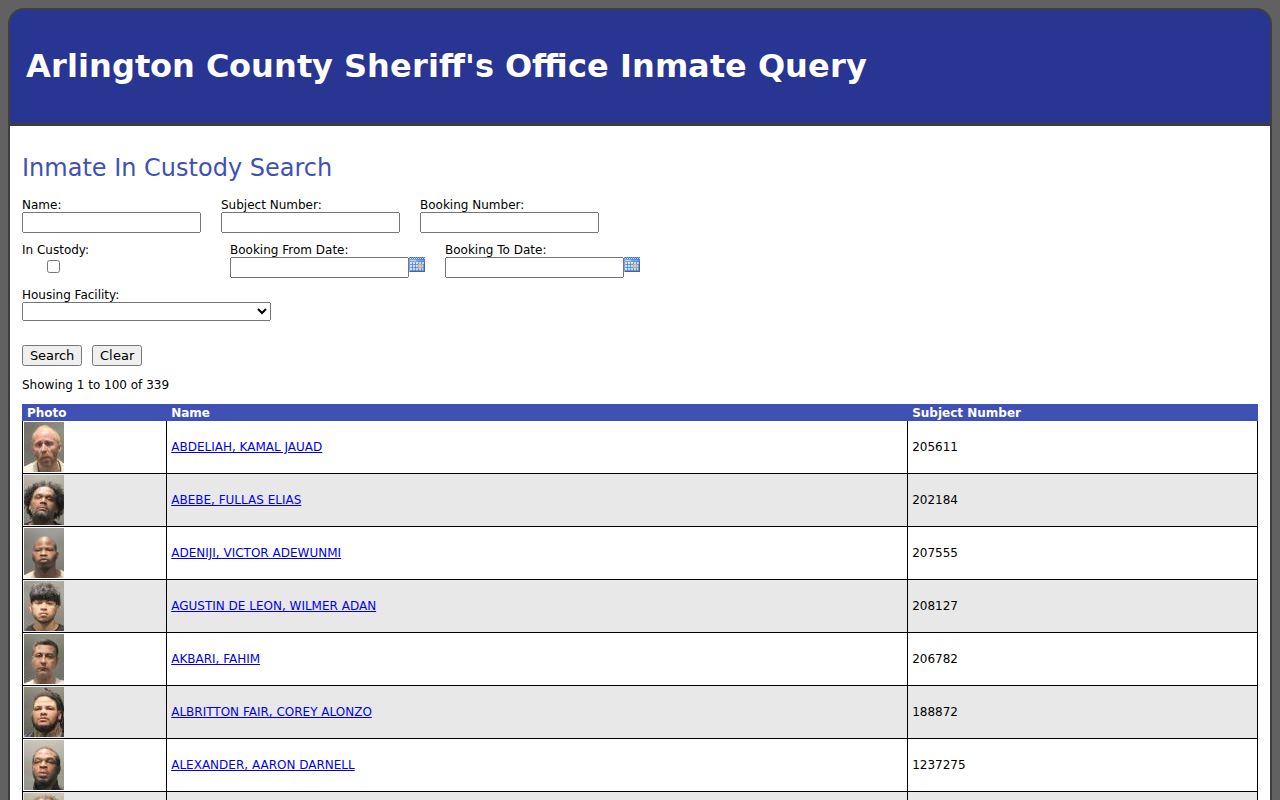 Arlington residents directory Sheriff inmate query screen