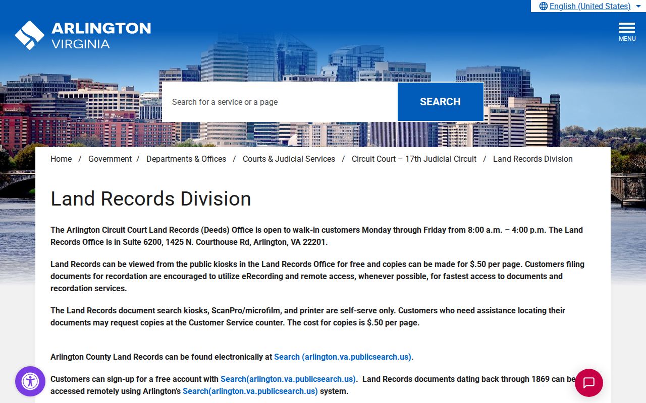Arlington residents directory Circuit Court land records access page
