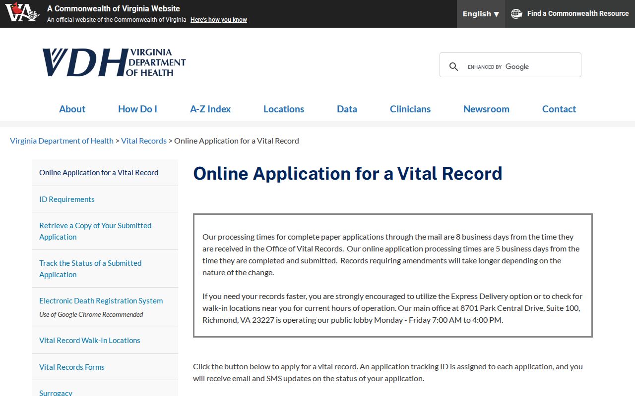 Arlington residents directory Virginia vital records application screen