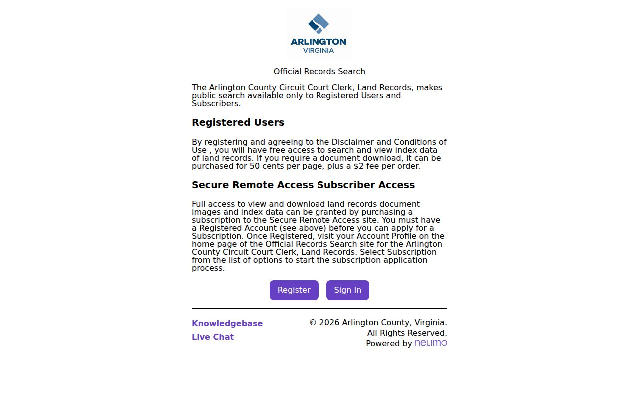 Arlington previous residents Official Records Search screen