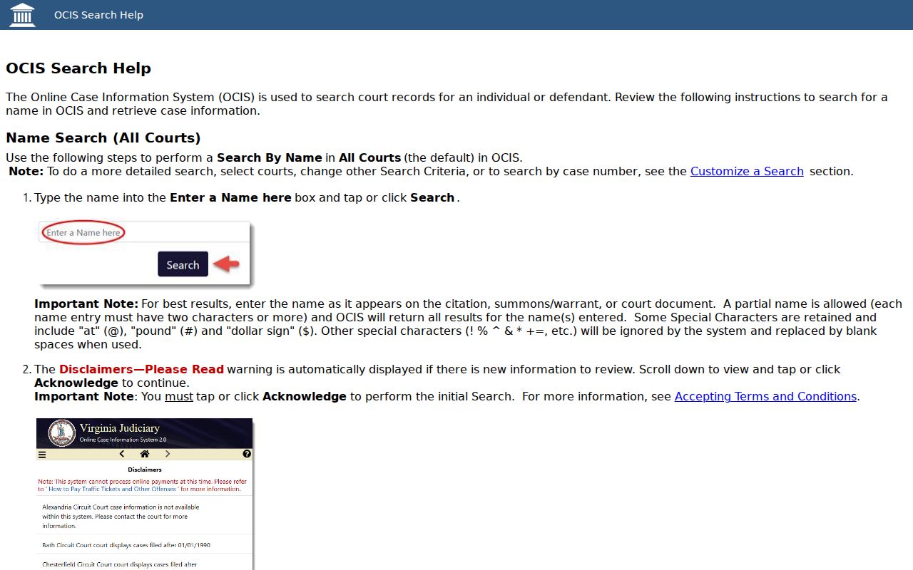 Arlington resident lookup OCIS court-result fields and name-search guidance